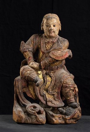 SCULTURA CON ZENWU IN LEGNO PARZIALMENTE DORATO<br>Cina, dinastie Ming-Qing, XVII-XVIII secolo