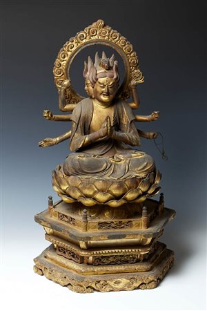 SCULTURA CON BATO KANNON IN LEGNO DORATO<br>Giappone, Kyoto, periodo Edo, XVII secolo