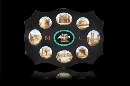 Fermacarte in lavagna decorata da otto medaglioni in micromosaico con vedute ro