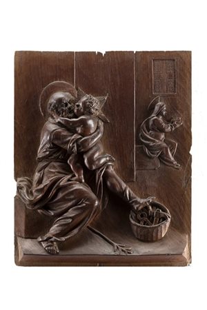 Maestro del secolo XVI "Sacra Famiglia" bassorilievo in legno scolpito in corni