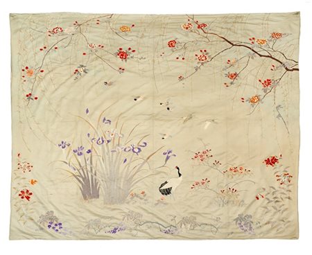 Ricamo in seta policroma su fondo in raso di seta color thè verde raffigurante