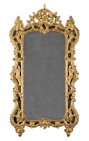 Specchiera a doppio ordine con cornice in legno intagliato e dorato a volute fo
