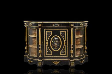 Credenza in legno ebanizzato e filettato in ottone. Anta centrale con volatile,