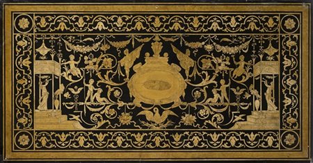 Piano in scagliola decorato al centro da festoni, architetture classiche con su