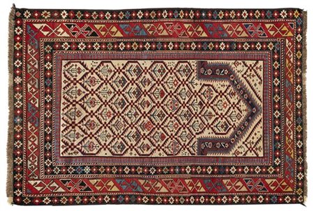 Tappeto preghiera Shirwan, Caucaso, secolo XIX.
Mirab a fondo bianco decorato c