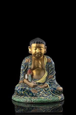 Piccola scultura in ceramica policroma raffigurante Buddha
Cina, periodo della