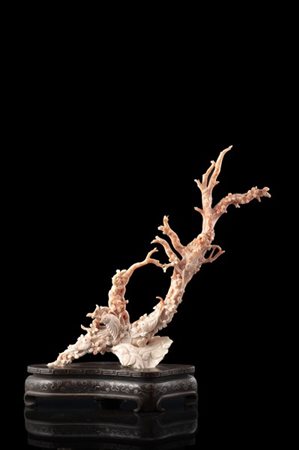 Ramo di corallo rosa scolpito a tralci fioriti e volatili, base in legno (difet