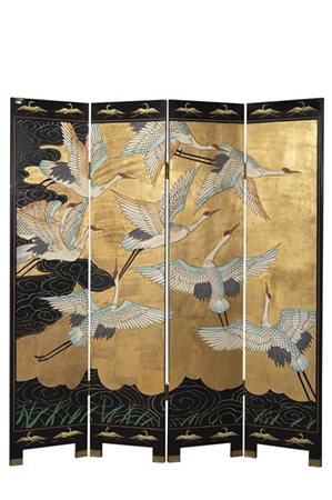 Paravento a quattro ante in lacca Coromandel raffiguranti gru su fondo oro
Cina