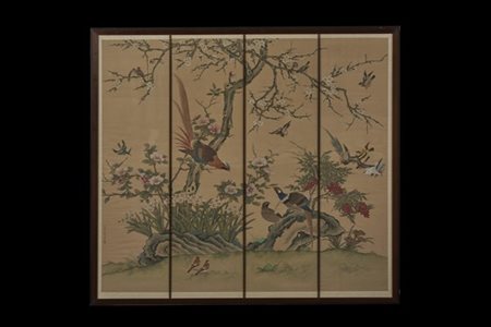 Dipinto su seta diviso in quattro sezioni raffigurante volatili in paesaggio co