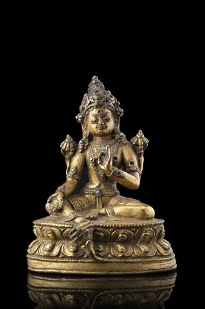 Piccola scultura in bronzo raffigurante dea Tara, con inserti in turchese (dife