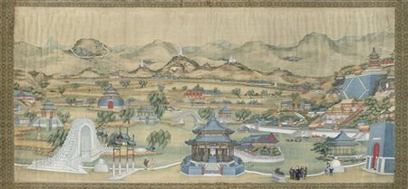 Grande dipinto su seta applicato su carta raffigurante veduta del Palazzo d'est