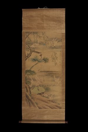 Scroll inchiostro e colore su carta nello stile di Wang Yuan raffigurante gru i