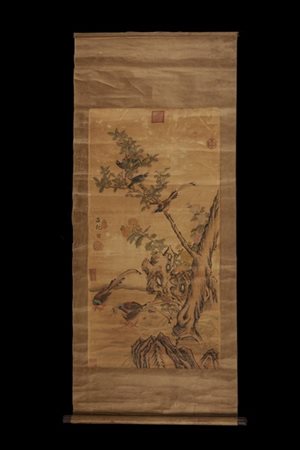 Scroll inchiostro e colori su carta, stile Lu-Ji raffigurante volatili con arbu