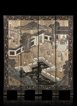 Paravento Coromandel in legno laccato a quattro pannelli decorato sul fronte co