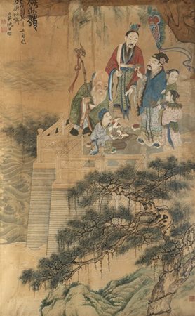 Dipinto raffigurante paesaggio e figure orientali, in cornice (difetti e restau