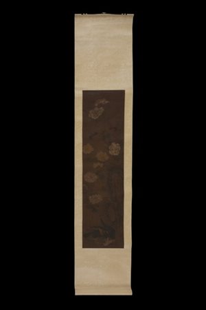 Scroll verticale su tela raffigurante coppia di uccelli con sfondo floreale, re