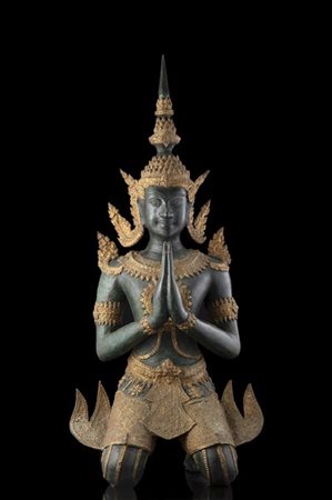 Scultura in bronzo parzialmente dorato raffigurante Teppanom, Thailandia nello