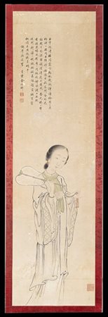 Dipinto ad inchiostro e colore su carta raffigurante dama con calligrafia, appl