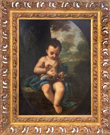 Dipinto ad olio su tela raffigurante Gesù bambino che da chicchi d'uva agli...