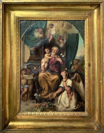 Dipinto ad olio su tela raffigurante San Giuseppe con Bambino e Angeli, inizi...