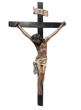 Cristo crocifisso in cartapesta, secolo XIX. Croce in legno. Croce 75x46,...