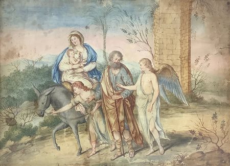 Gouache su carta raffigurante "fuga in Egitto", inizi XIX secolo. Cm 32x42,5...