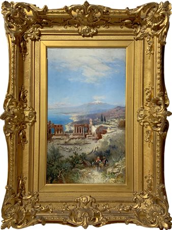 Dipinto olio raffigurante veduta dell’Etna dal Teatro Greco di Taormina,...