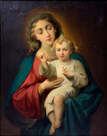 Dipinto olio su tela raffigurante Madonna con bambino benedicente, XIX...