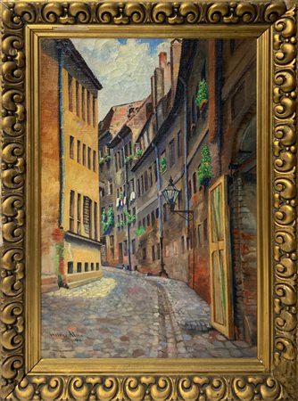 Dipinto olio su tela raffigurante scorcio di strada fra palazzi, firmato in...
