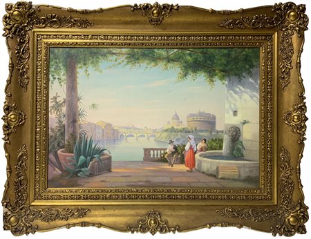 Dipinto olio su tela raffigurante veduta di Roma dal Tevere di Castel...