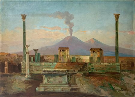 Dipinto olio su tela raffigurante Vesuvio e ruderi romani, XX secolo. Firmato...