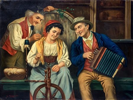 Dipinto olio su tela raffigurante giovane donna che fila la lana e due...