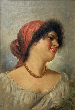 Dipinto olio su tela raffigurante giovane donna, Napoli, fine XIX/inizi XX...
