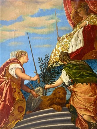 Dipinto olio su tela raffigurante scena allegorica delle virtù cardinali....