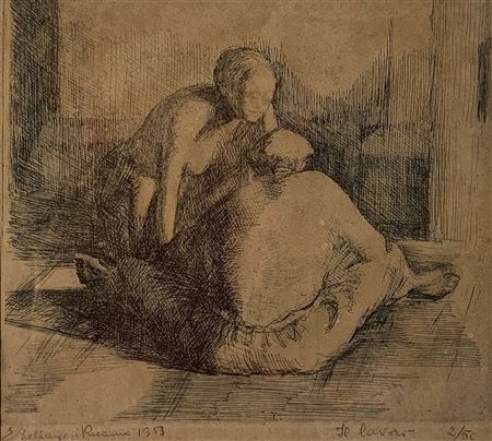 Incisione raffigurante “Il Lavoro” 2/50. Firmata E. Bellingeri Ricamo 1953....