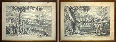 Coppia di incisioni raffiguranti scene di Jardinage e Les foins , XVIII...