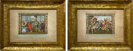 Coppia di incisioni acquarellate dell’epoca raffiguranti scene bibliche:...