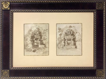 Disegno di autore ignoto raffigurante studio di fontana in due prospettive....