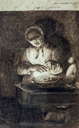 Disegno di autore ignoto raffigurante donna con gatto che si scalda. Disegno...