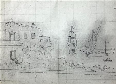 Disegno di autore anonimo raffigurante Chiesa di S.Salvatore e marina con...