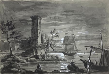Gouache su carta raffigurante marina notturna con castello e barche...