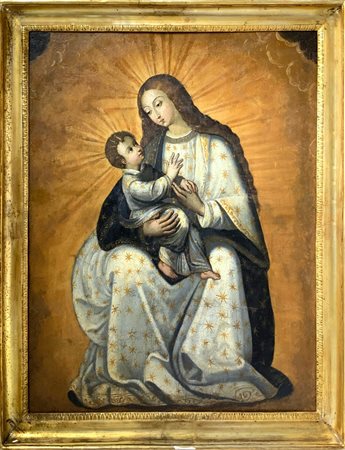 Dipinto ad olio su tela raffigurante Madonna con Bambino Gesù, XIX secolo....