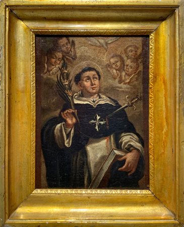 Dipinto ad olio su tela raffigurante San Luigi Gonzaga con palmette e pugnale...