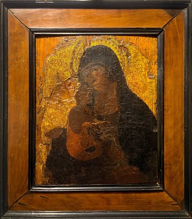 Icona a tempera su legno d’abete a fondo oro raffigurante Madonna con...