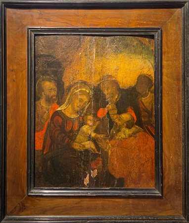 Icona a tempera su legno d’abete raffigurante Sacra famiglie con adorazione...
