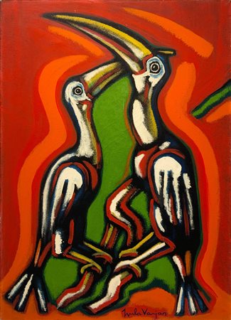 Dipinto ad olio su tela raffigurante tucani, Gyula Varjas (1916 Pecs -2001)....