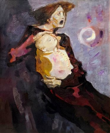 Dipinto ad olio su tela raffigurante maternità “Studio per dramma di una...