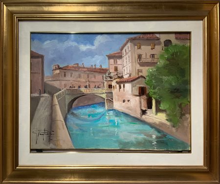 Dipinto ad olio su tela raffigurante paesaggio fluviale e ponte di porta...
