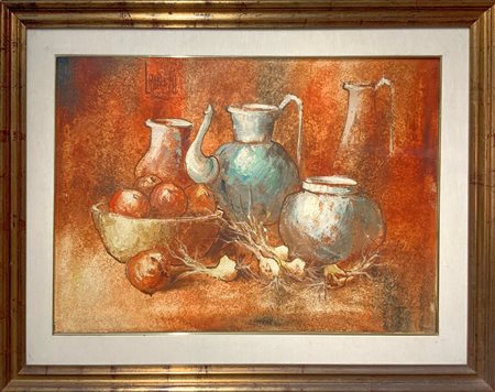 Dipinto ad olio su tela raffigurante natura morta di vasi con frutta. Cm...