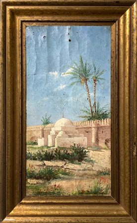 Dipinto orientalista olio su tela applicata a tavola raffigurante un...